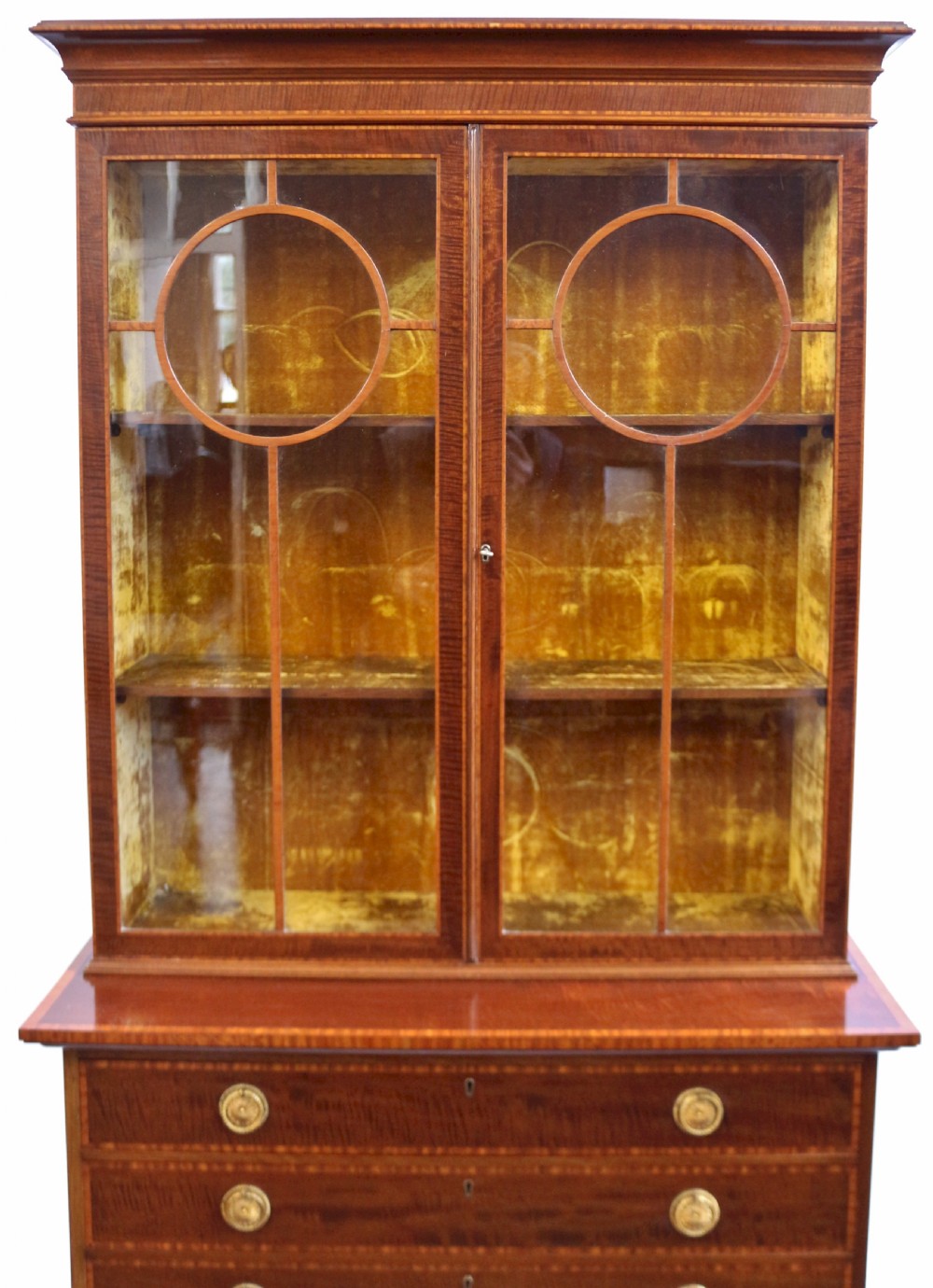 Edwardian Mahogany Satinwood Banded Display Cabinet on 3 Drawer Stand View VI