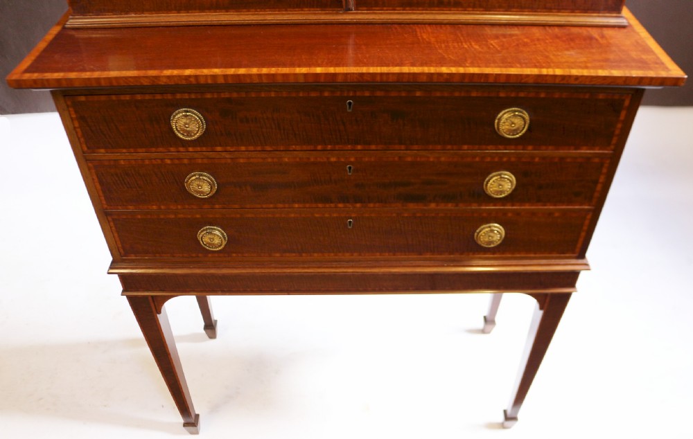 Edwardian Mahogany Satinwood Banded Display Cabinet on 3 Drawer Stand View VII