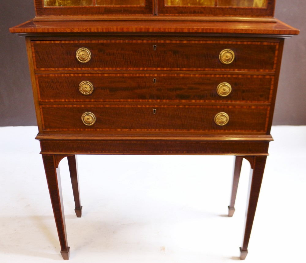 Edwardian Mahogany Satinwood Banded Display Cabinet on 3 Drawer Stand View VIII