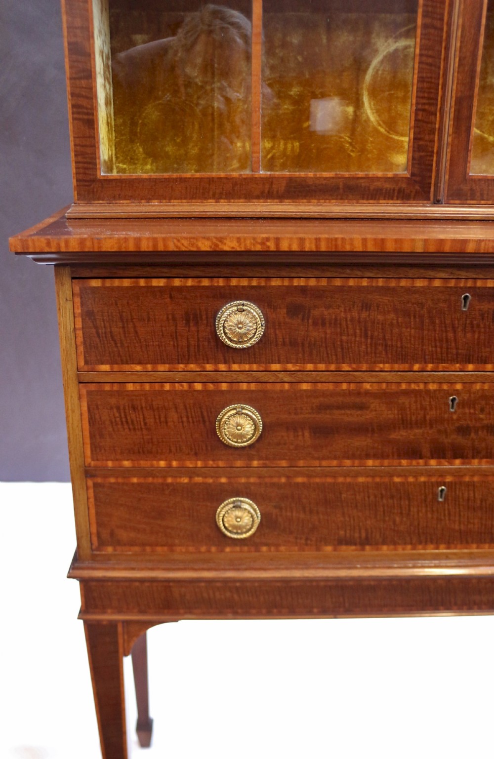 Edwardian Mahogany Satinwood Banded Display Cabinet on 3 Drawer Stand View X