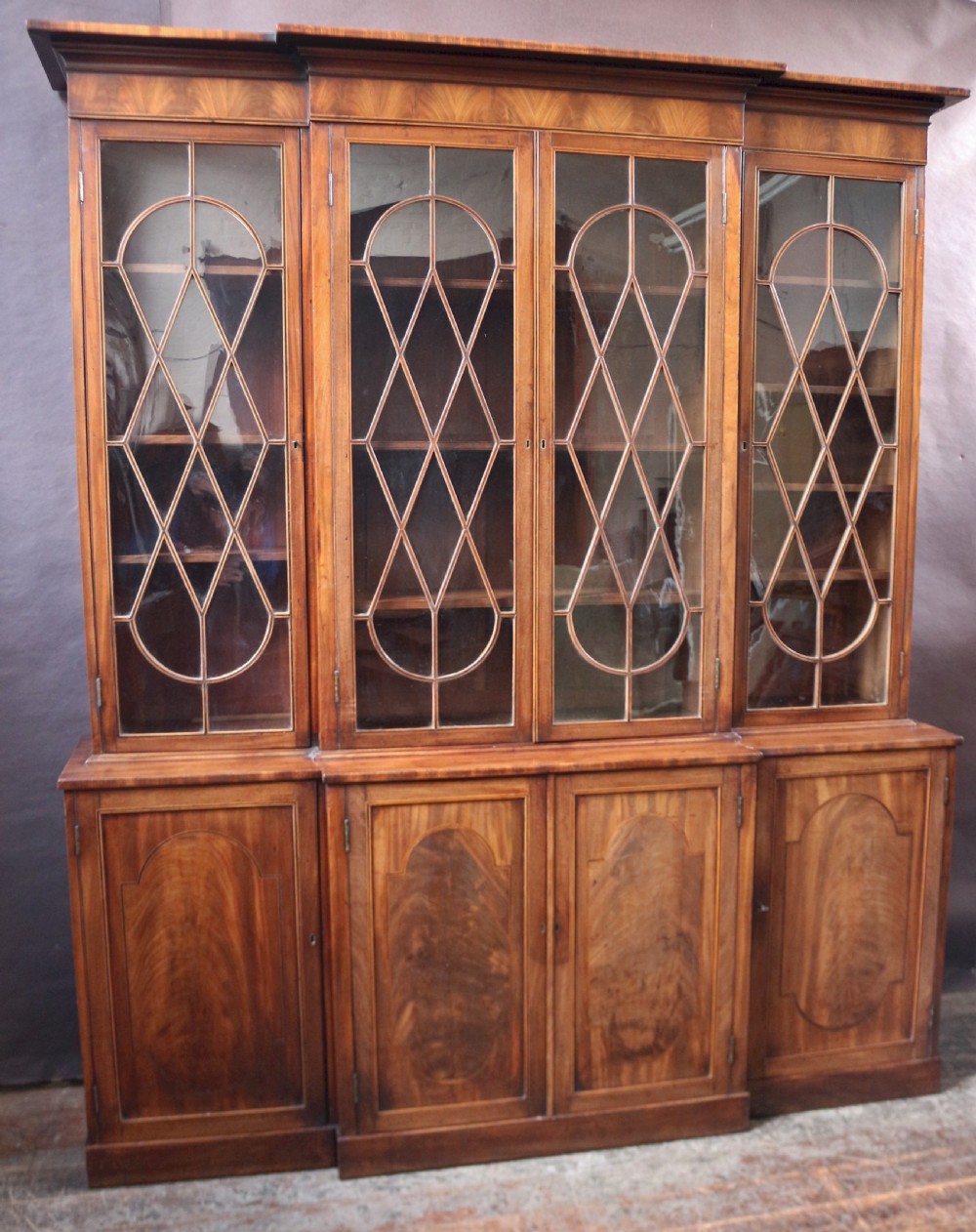 Regency Mahogany 4 Door Inlaid Breakfront Glazed Bookcase