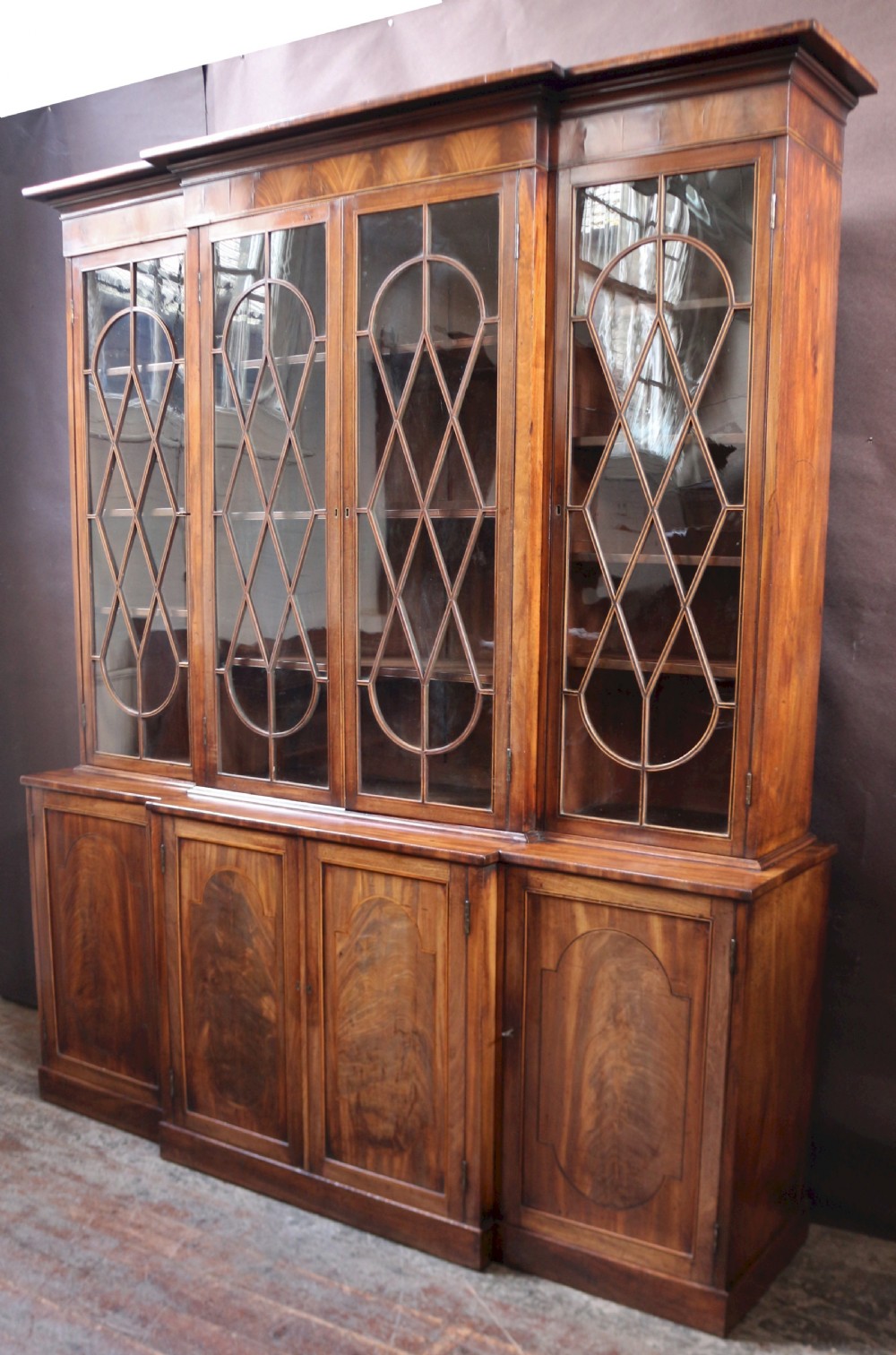 Regency Mahogany 4 Door Inlaid Breakfront Glazed Bookcase View II