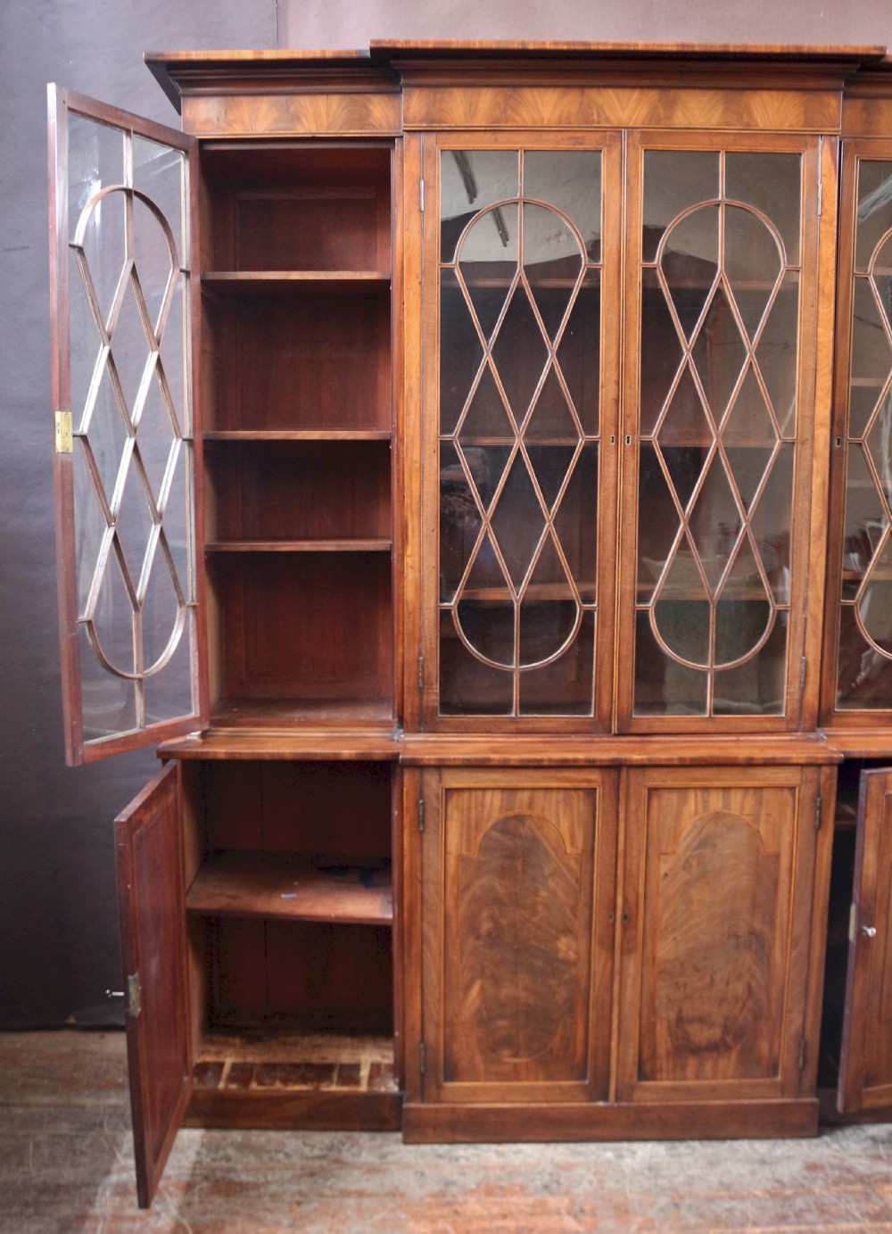 Regency Mahogany 4 Door Inlaid Breakfront Glazed Bookcase View IV