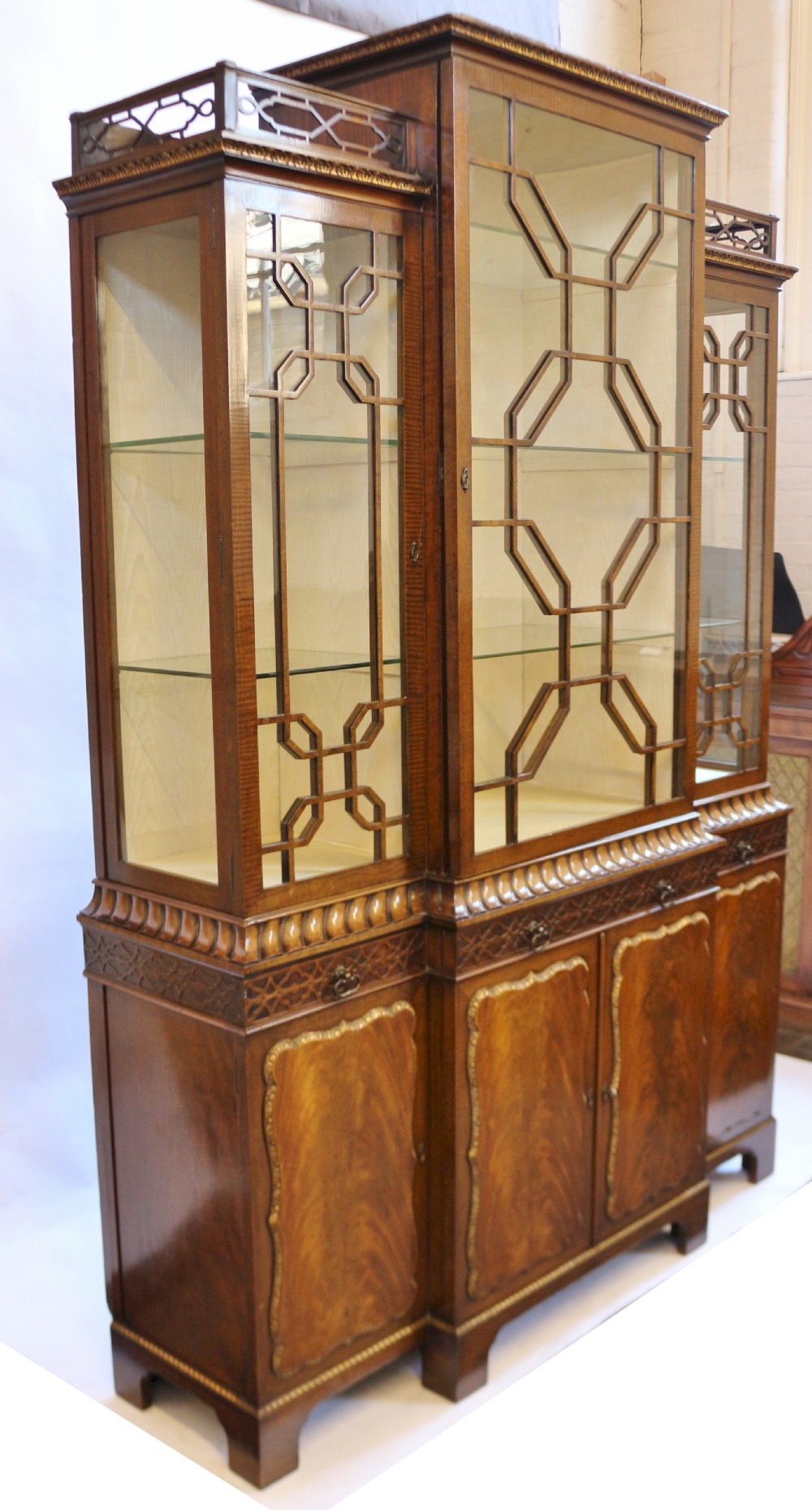 Edwardian Mahogany 'Chinese Chippendale' Breakfront Display Cabinet View II