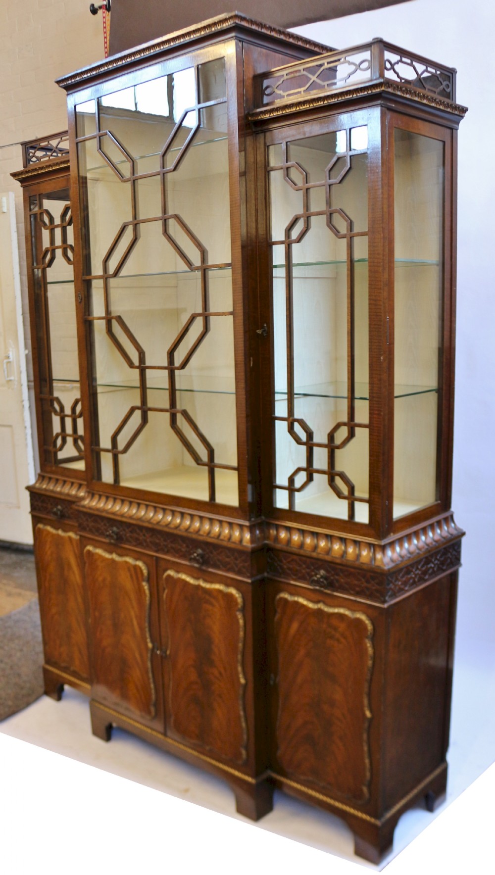 Edwardian Mahogany 'Chinese Chippendale' Breakfront Display Cabinet View III