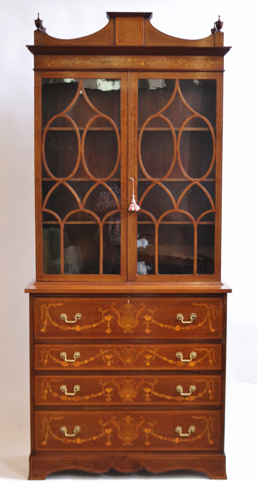 Edwardian Inlaid Feathered Mahogany Secretaire Bookcase