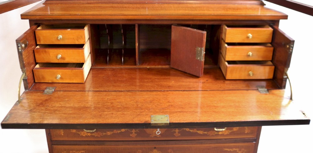 Edwardian Inlaid Feathered Mahogany Secretaire Bookcase View XIII