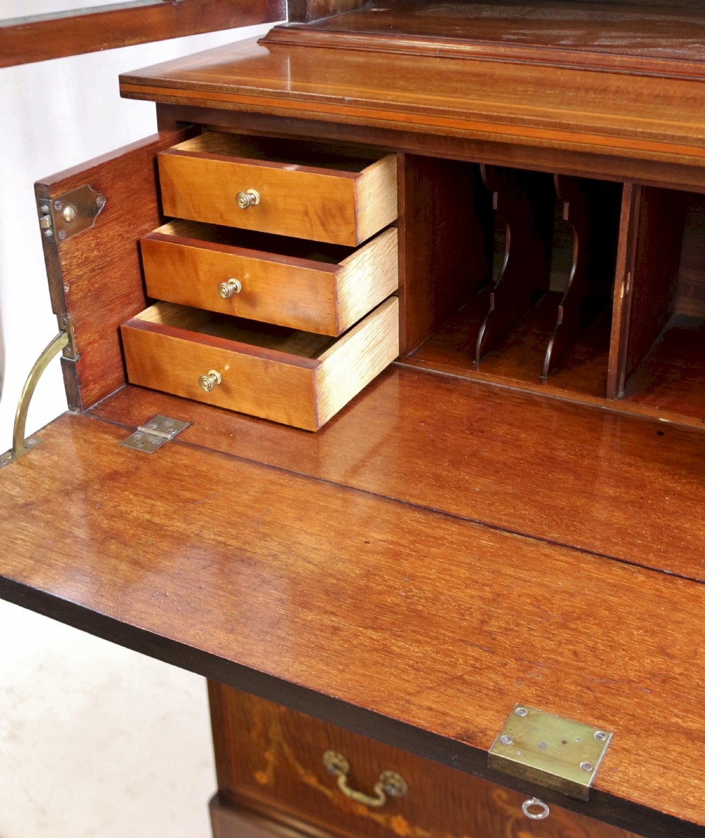 Edwardian Inlaid Feathered Mahogany Secretaire Bookcase View XIV