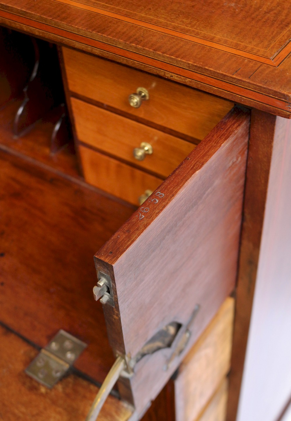 Edwardian Inlaid Feathered Mahogany Secretaire Bookcase View XV