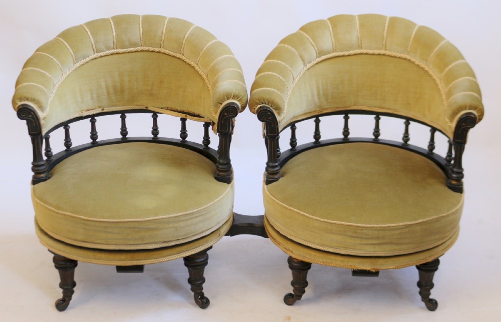 Unusual Victorian Ebonised Conversation Seat with Two Revolving Tub Armchairs View II