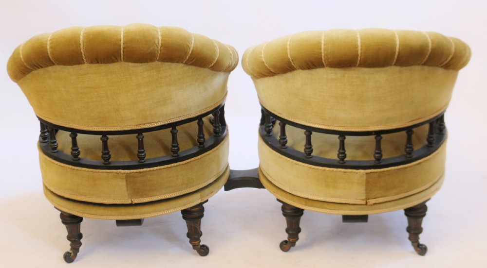 Unusual Victorian Ebonised Conversation Seat with Two Revolving Tub Armchairs View III