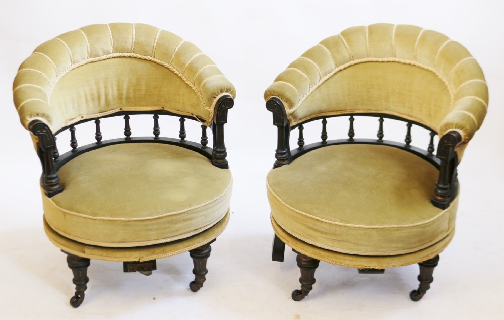 Unusual Victorian Ebonised Conversation Seat with Two Revolving Tub Armchairs View IV
