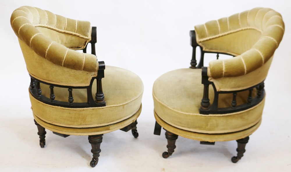 Unusual Victorian Ebonised Conversation Seat with Two Revolving Tub Armchairs View V