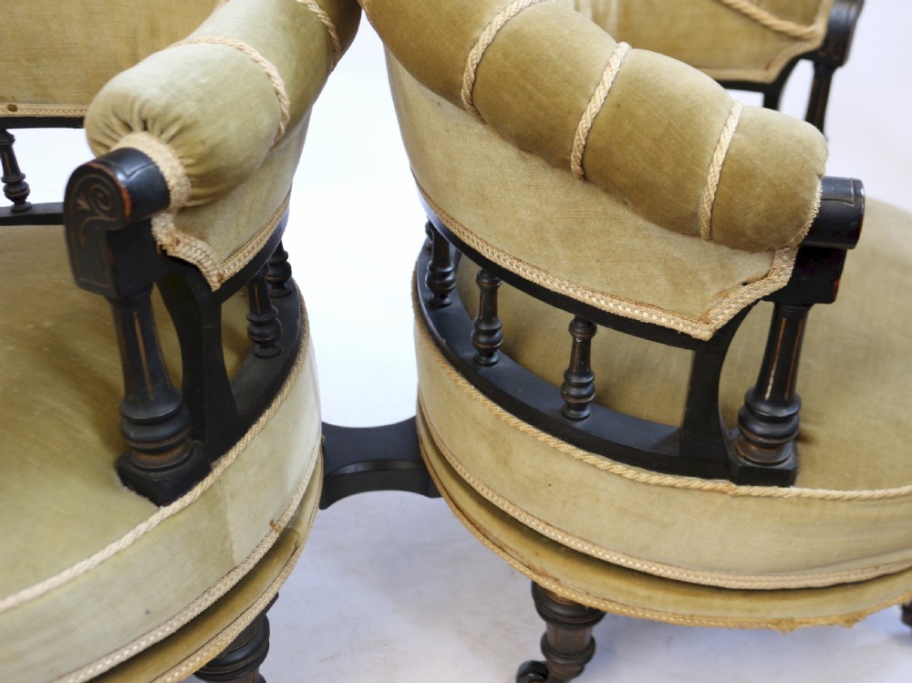 Unusual Victorian Ebonised Conversation Seat with Two Revolving Tub Armchairs View VIII