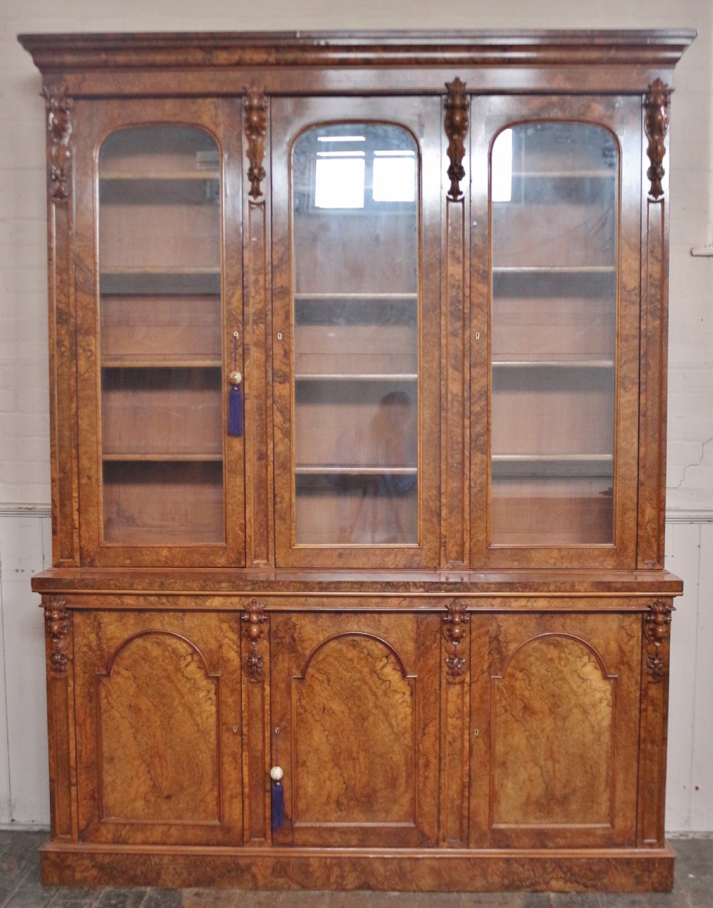 Fine Quality Victorian Figured Walnut 3 Door Cupboard Base Bookcase