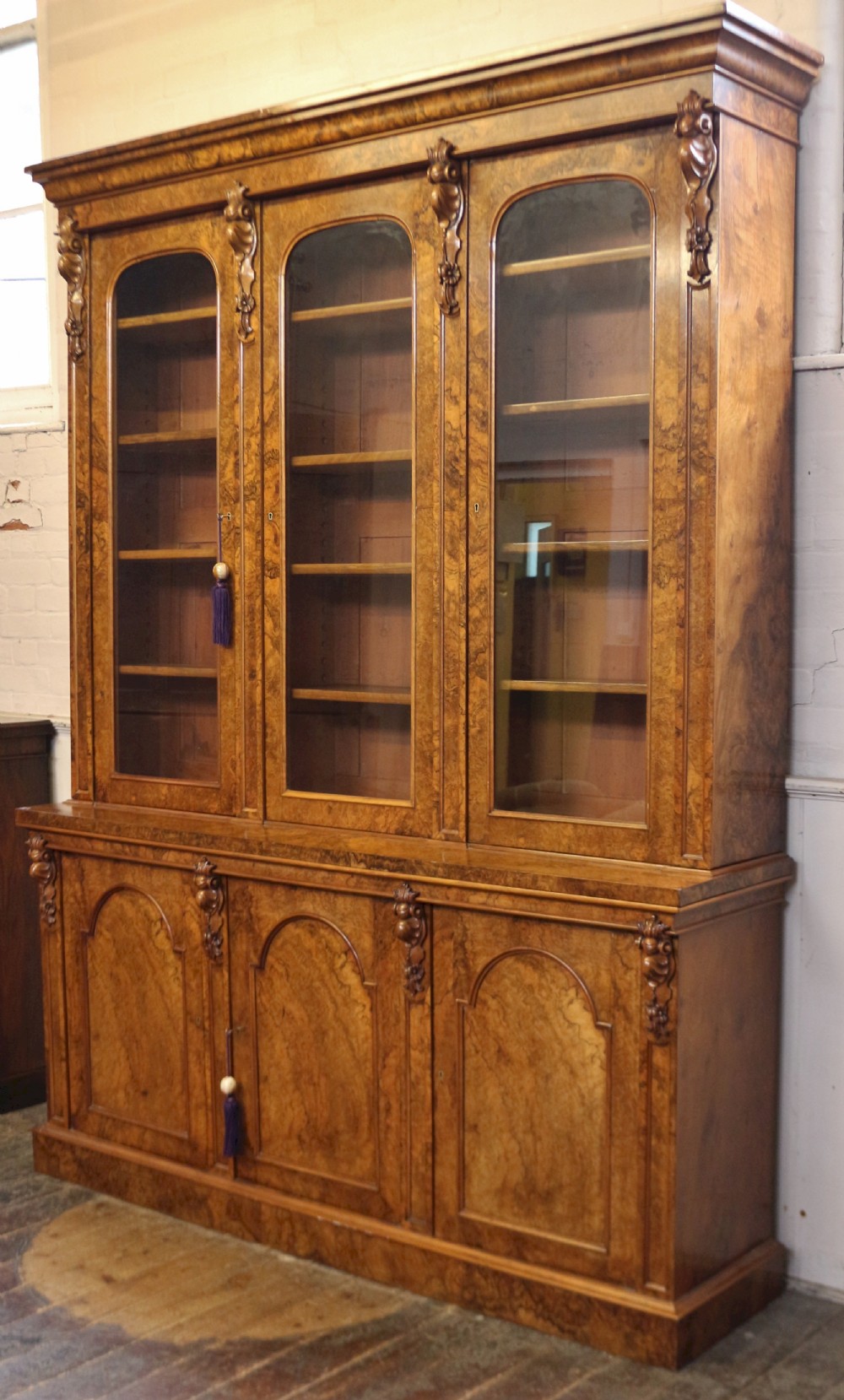 Fine Quality Victorian Figured Walnut 3 Door Cupboard Base Bookcase View II