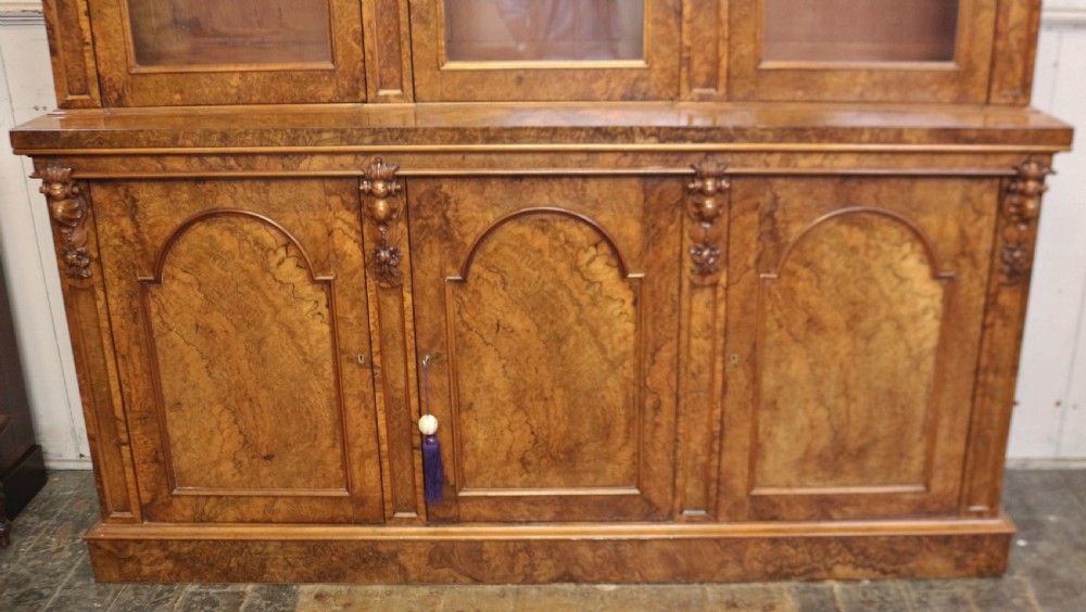 Fine Quality Victorian Figured Walnut 3 Door Cupboard Base Bookcase View IV