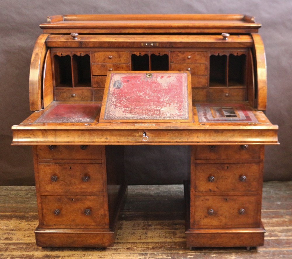 Victorian Figured Walnut Cylinder Top Kneehole Desk View II