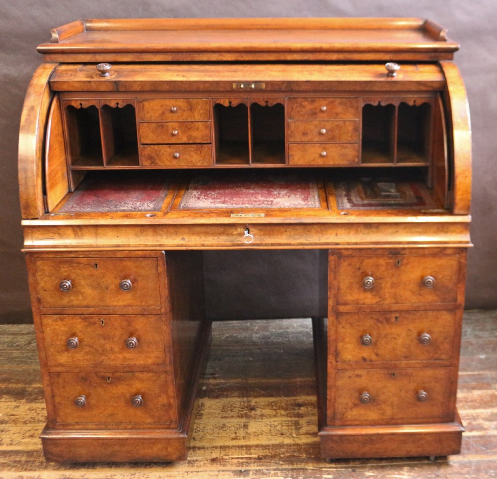 Victorian Figured Walnut Cylinder Top Kneehole Desk View III