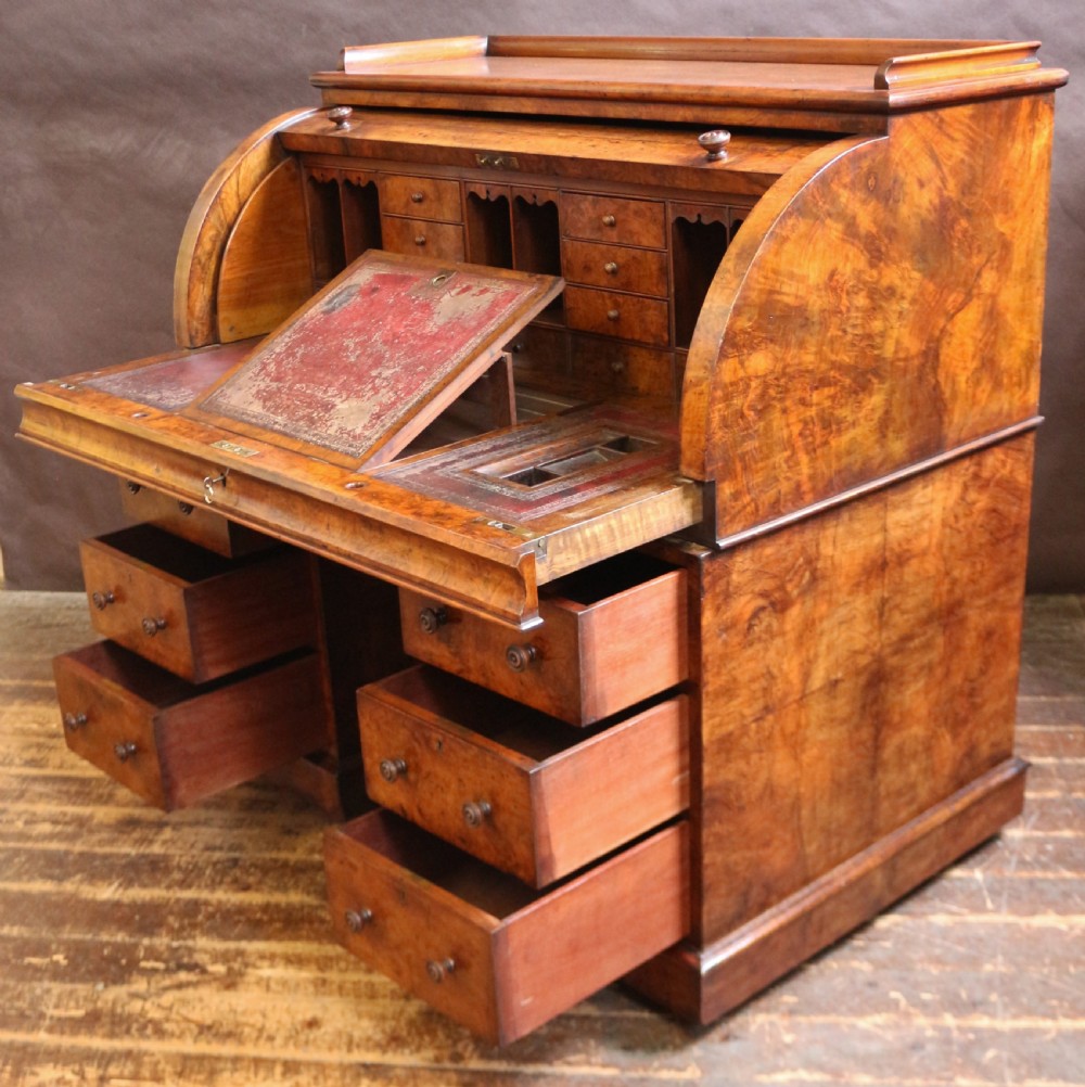 Victorian Figured Walnut Cylinder Top Kneehole Desk View V