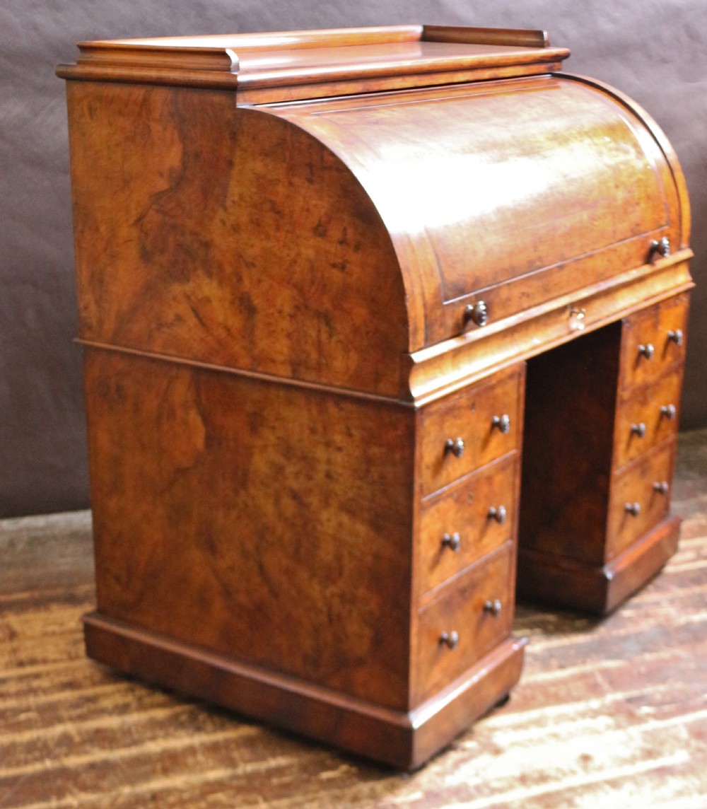Victorian Figured Walnut Cylinder Top Kneehole Desk View X