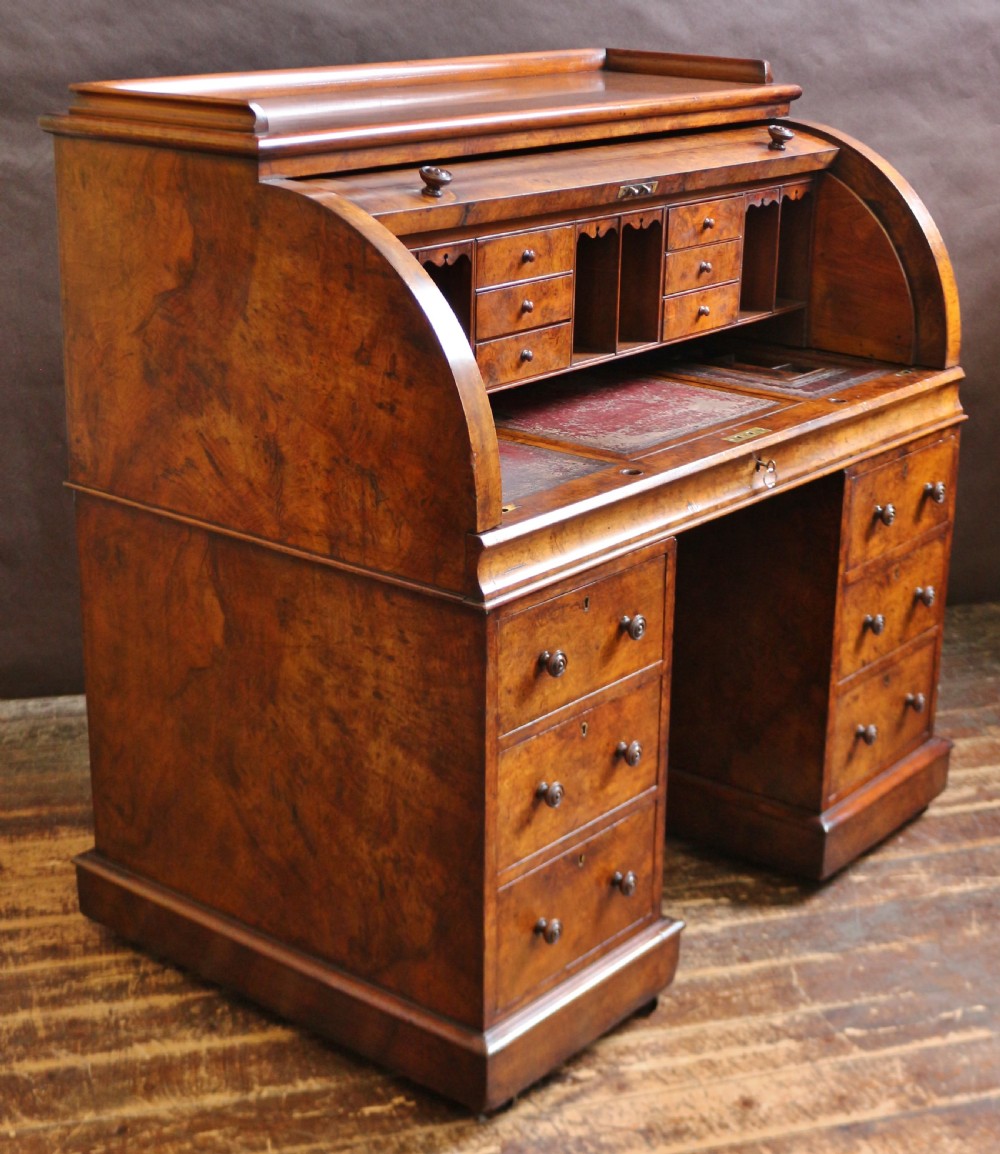 Victorian Figured Walnut Cylinder Top Kneehole Desk View XI
