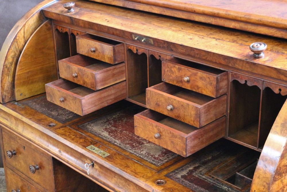 Victorian Figured Walnut Cylinder Top Kneehole Desk View XVI
