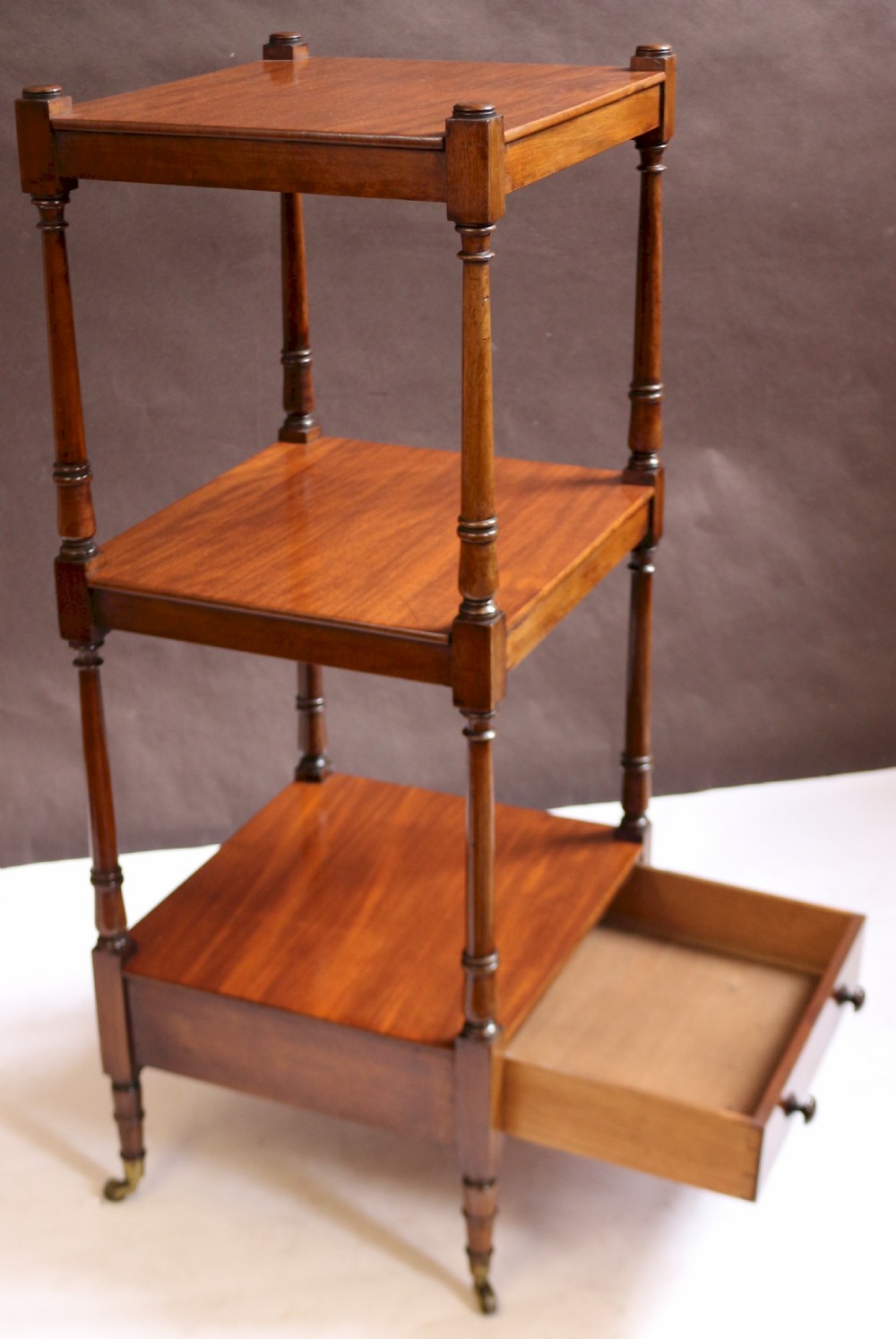 George 1V Mahogany 3 Tier Whatnot with Base Drawer View III