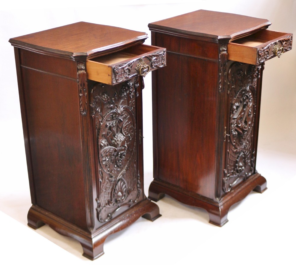 Late Victorian Mahogany Highly Carved Pair of Bedside Cupboards by Maples View III