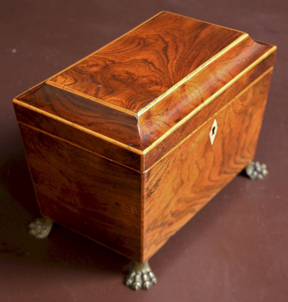 A Regency rosewood tapered oblong tea caddy featuring inlay stringing, a diamond bone escutcheon, and brass lion paw feet. View II
