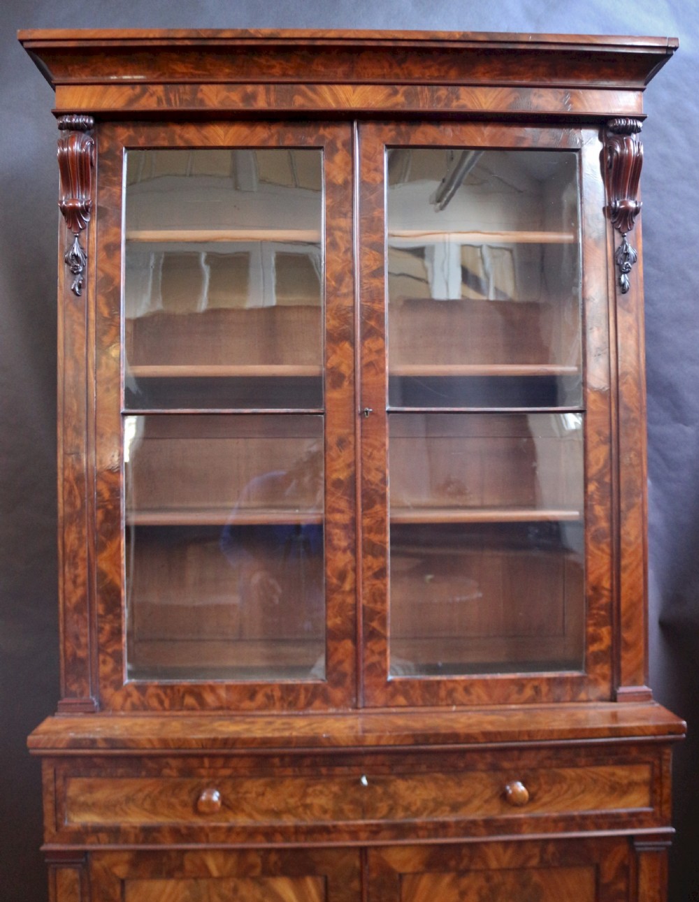 Fine Quality Early Victorian Flared Mahogany Cupboard Base Bookcase View VI
