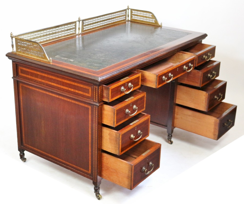 Edwardian Mahogany 9 Drawer Inlaid Kneehole Desk View II