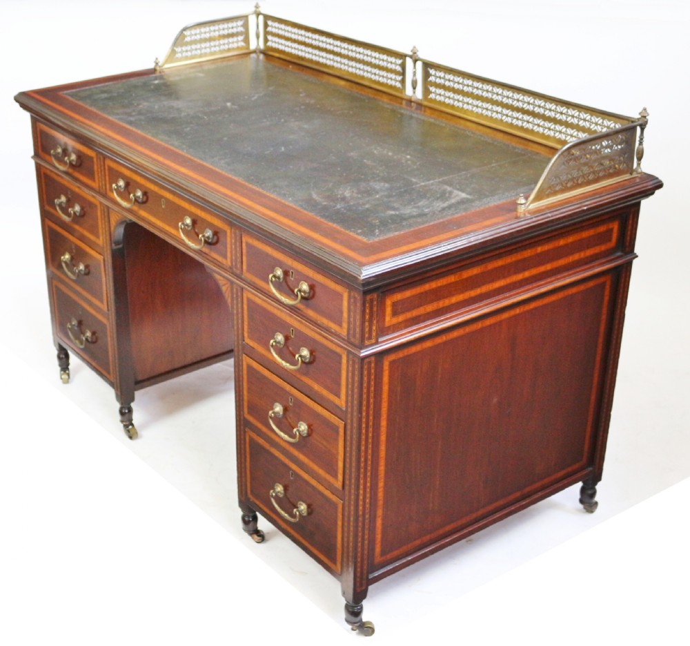 Edwardian Mahogany 9 Drawer Inlaid Kneehole Desk View III