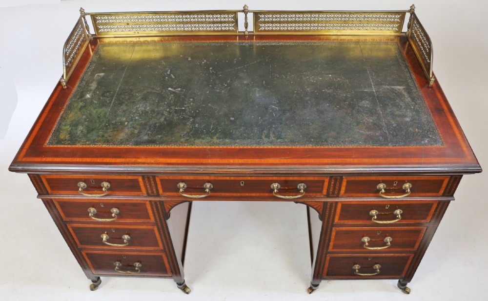 Edwardian Mahogany 9 Drawer Inlaid Kneehole Desk View IV