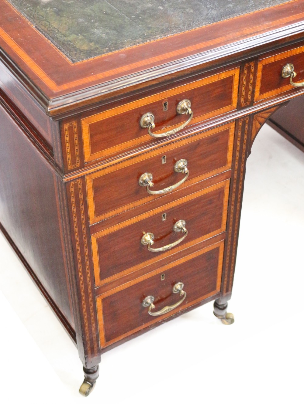 Edwardian Mahogany 9 Drawer Inlaid Kneehole Desk View VI