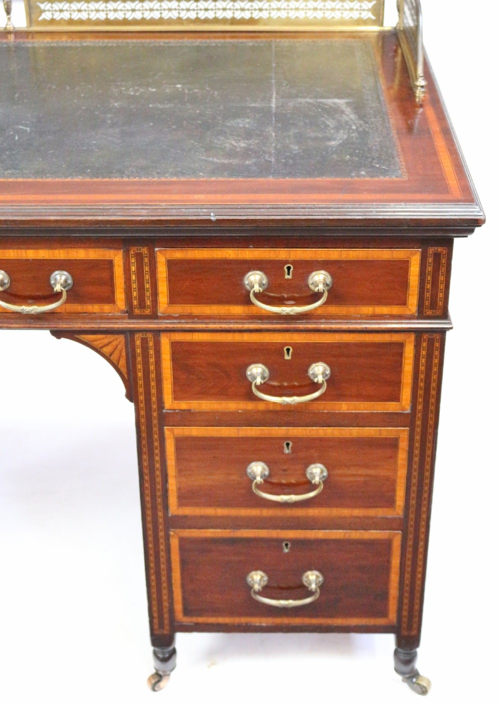 Edwardian Mahogany 9 Drawer Inlaid Kneehole Desk View VII