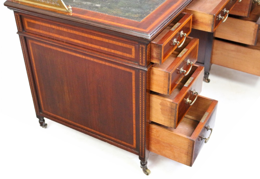 Edwardian Mahogany 9 Drawer Inlaid Kneehole Desk View VIII