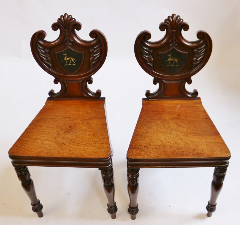 Regency Mahogany Pair of Hall Chairs with Greyhound Crests View II