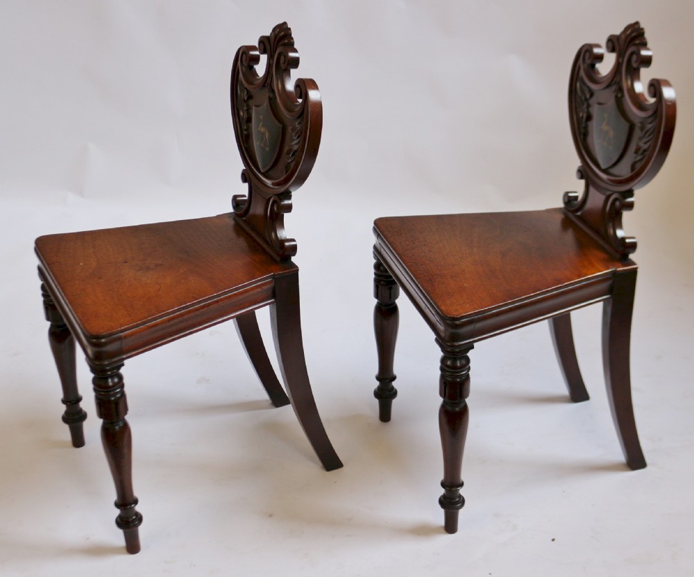 Regency Mahogany Pair of Hall Chairs with Greyhound Crests View III