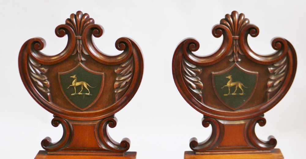 Regency Mahogany Pair of Hall Chairs with Greyhound Crests View V