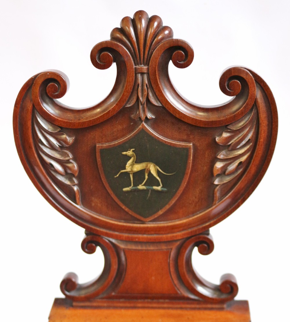 Regency Mahogany Pair of Hall Chairs with Greyhound Crests View VI