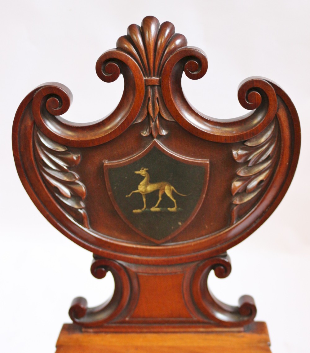 Regency Mahogany Pair of Hall Chairs with Greyhound Crests View VII