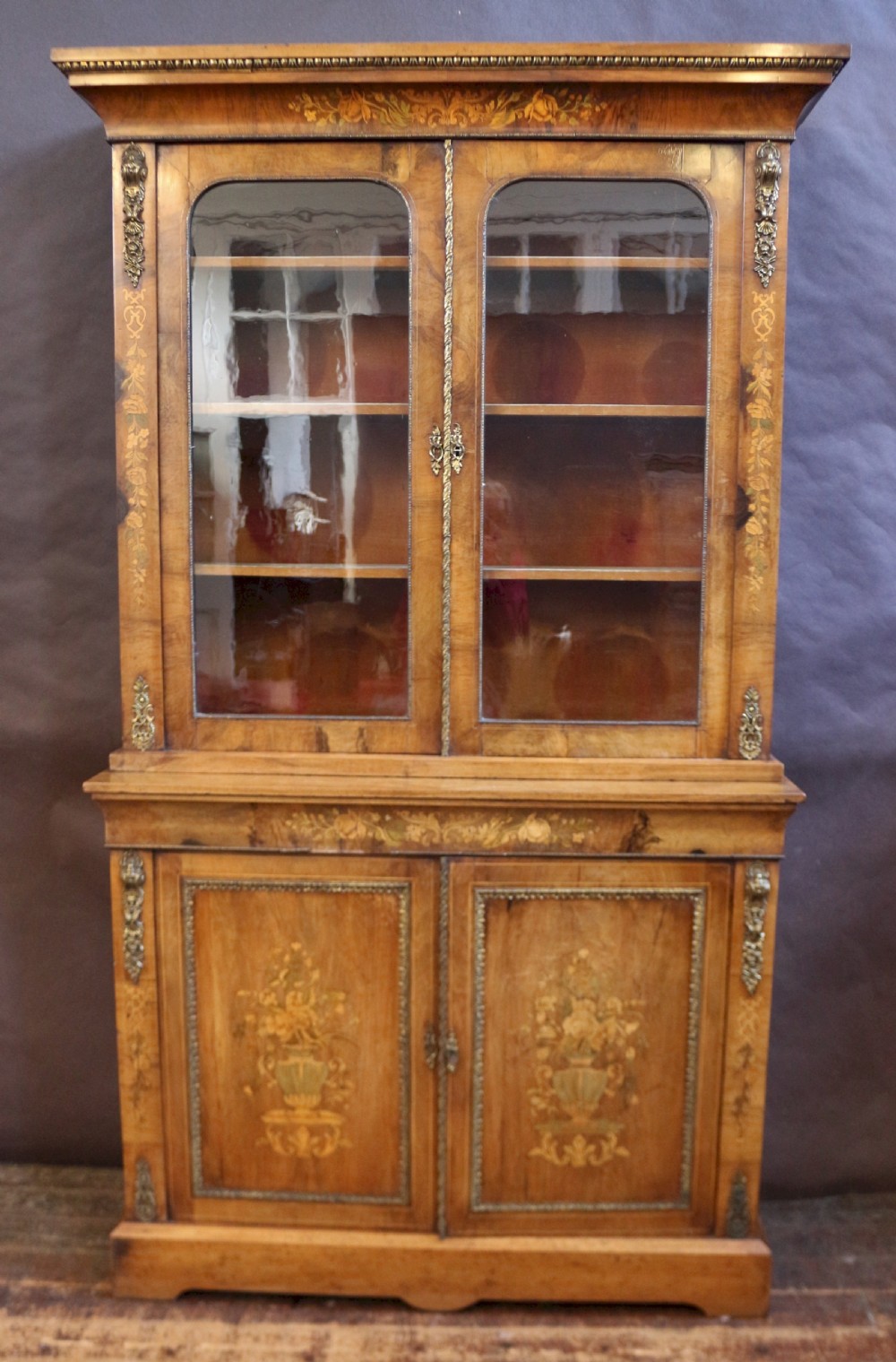 Victorian Figured Walnut and Marquetry Cupboard Base Bookcase