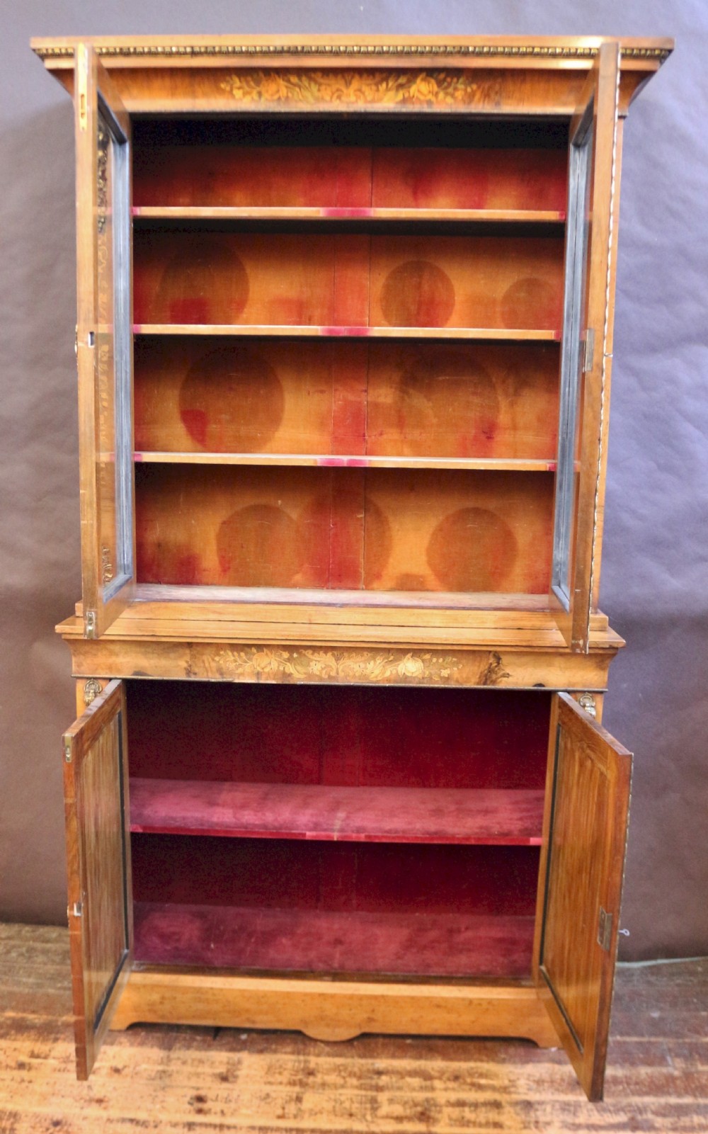 Victorian Figured Walnut and Marquetry Cupboard Base Bookcase View II