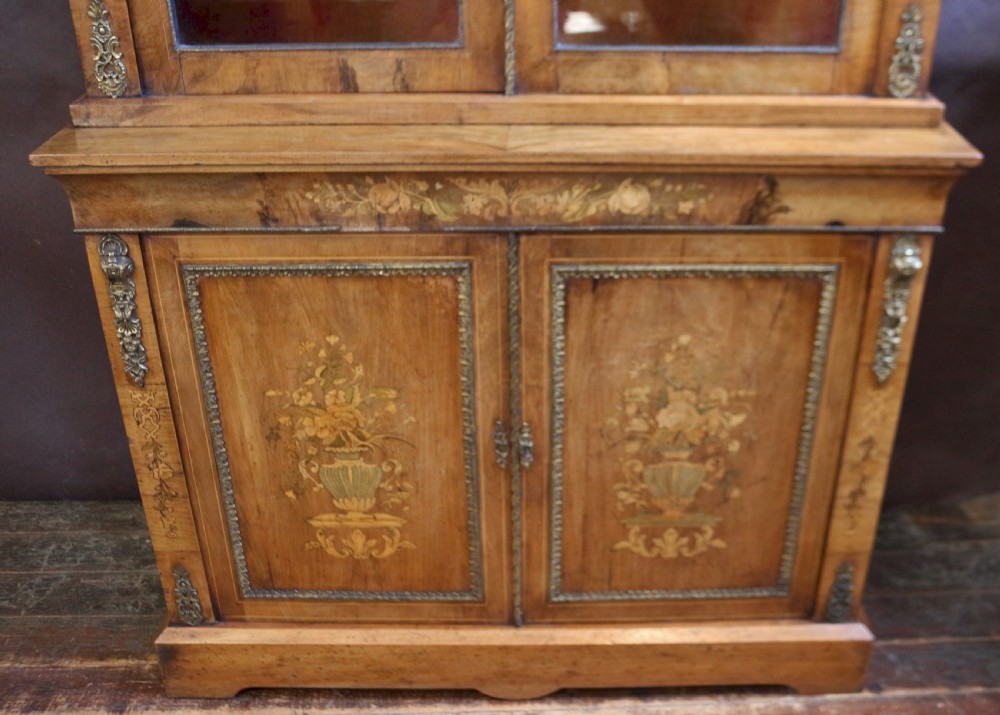 Victorian Figured Walnut and Marquetry Cupboard Base Bookcase View V