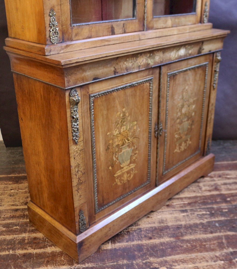 Victorian Figured Walnut and Marquetry Cupboard Base Bookcase View VII