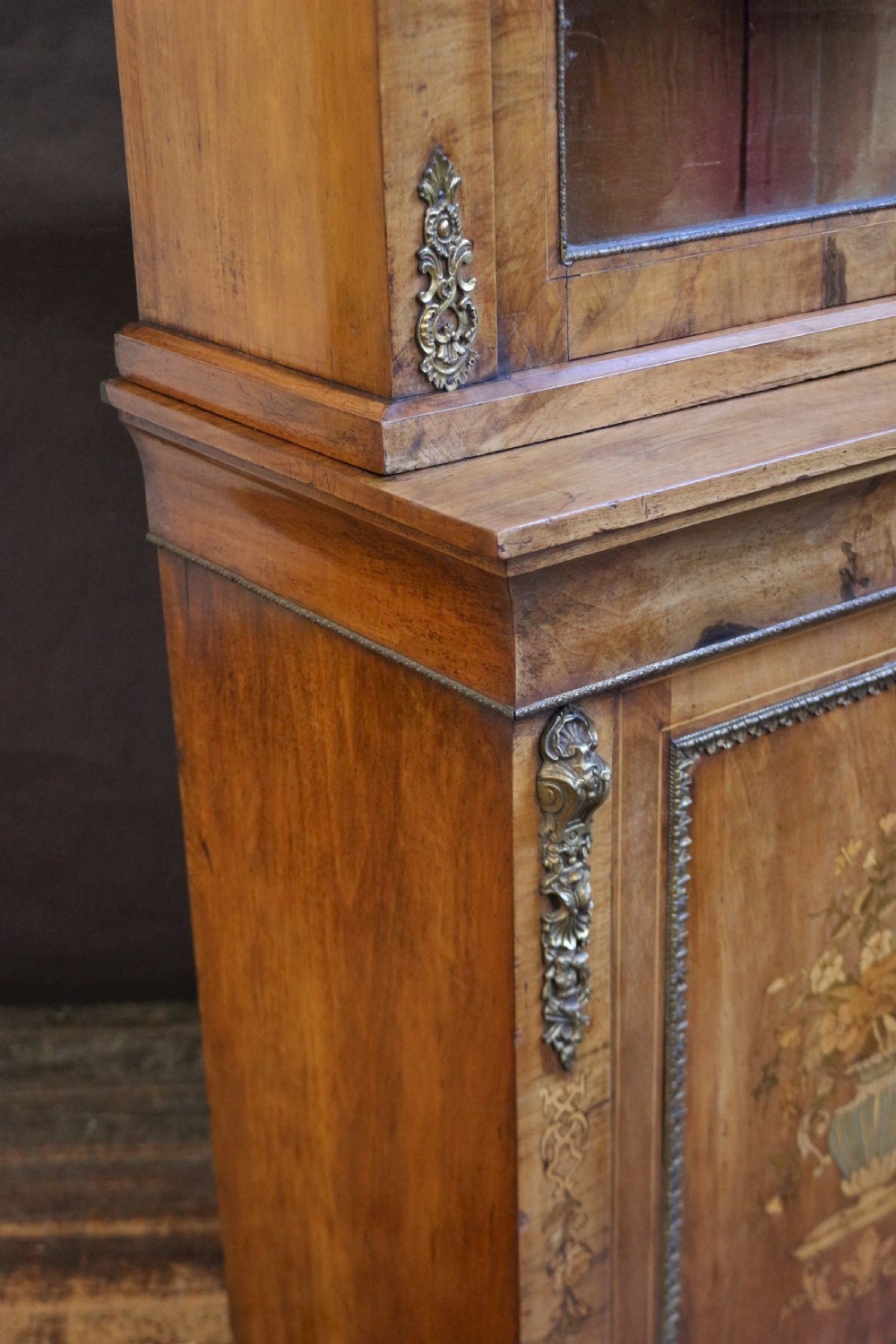 Victorian Figured Walnut and Marquetry Cupboard Base Bookcase View IX