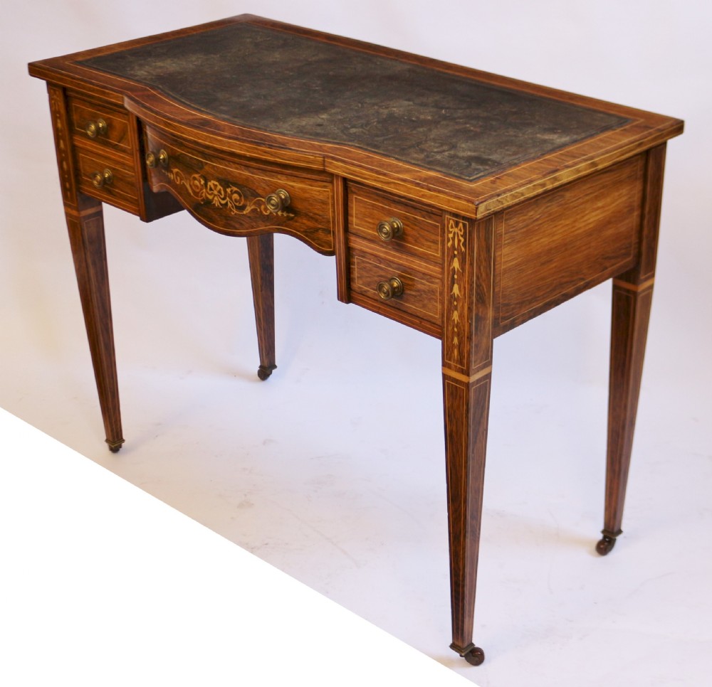 Edwardian Good Quality Inlaid Rosewood 5 Drawer Ladies Writing Table View II