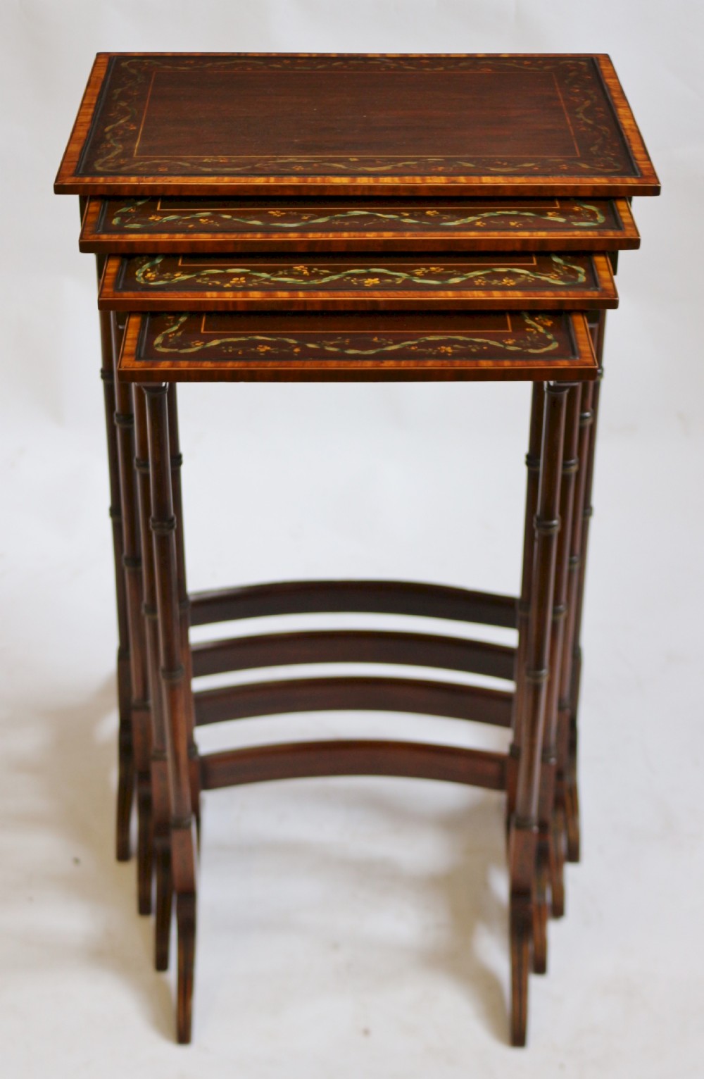 Late 19C Mahogany Painted Decorated Nest of 4 Tables