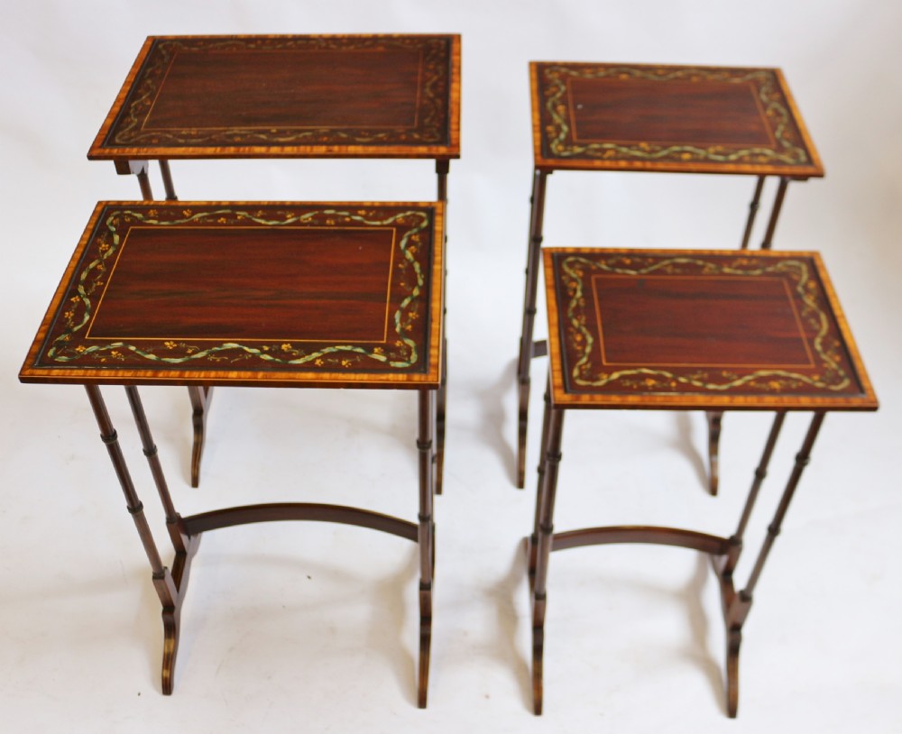 Late 19C Mahogany Painted Decorated Nest of 4 Tables View V